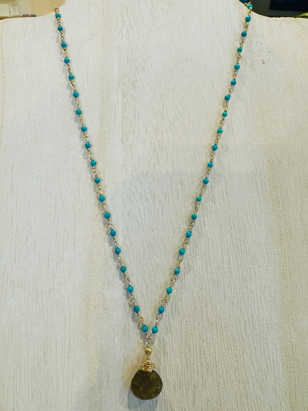 Handmade Natural Turquoise & Green Vesuvianite Pendant, 14k gold-fill.